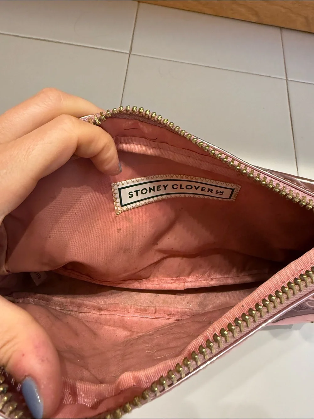Stoney Clover Lane Metallic Rose Pink Cosmetic Pouch with Rainbow Patch